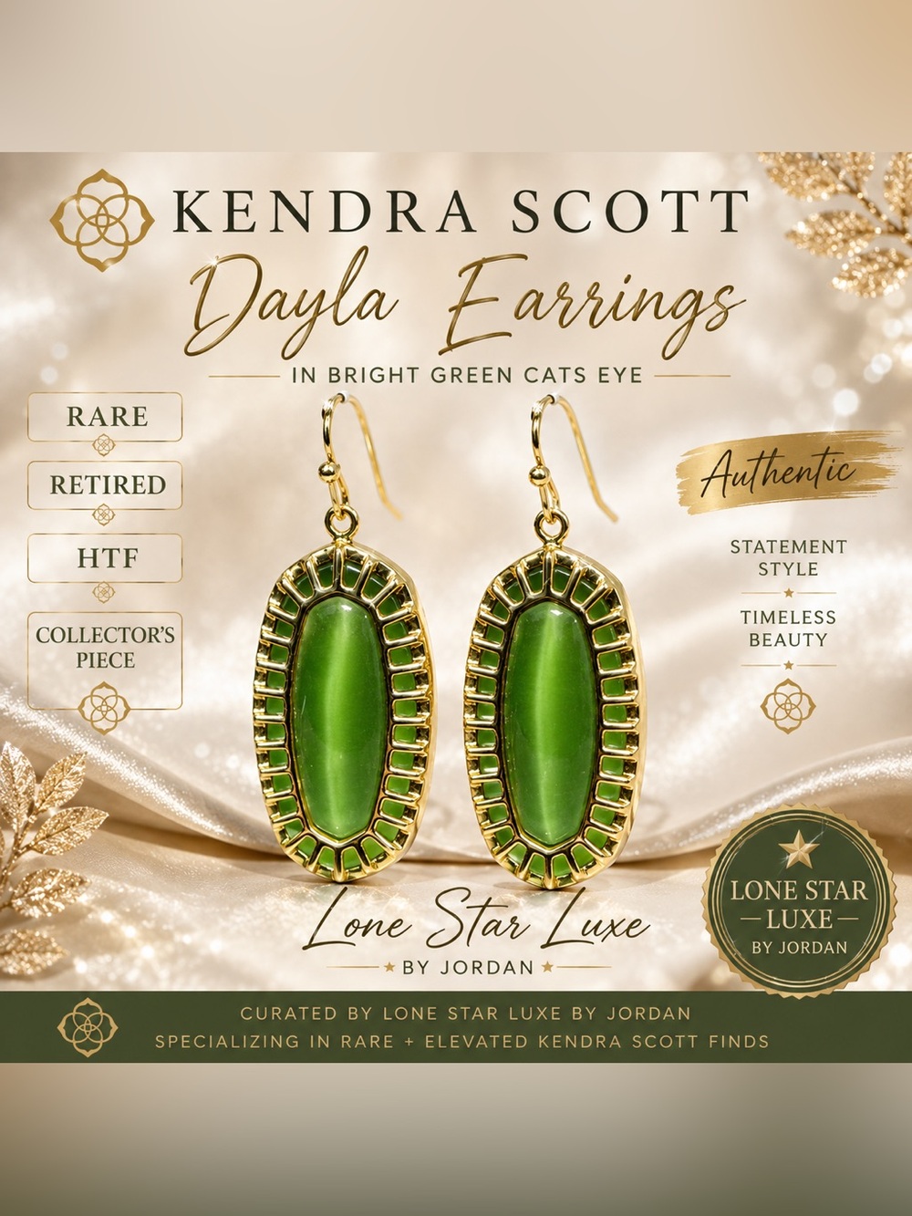 Rare Vintage Kendra Scott Dayla Drop Earrings - Gold & Chartreuse Green Retired